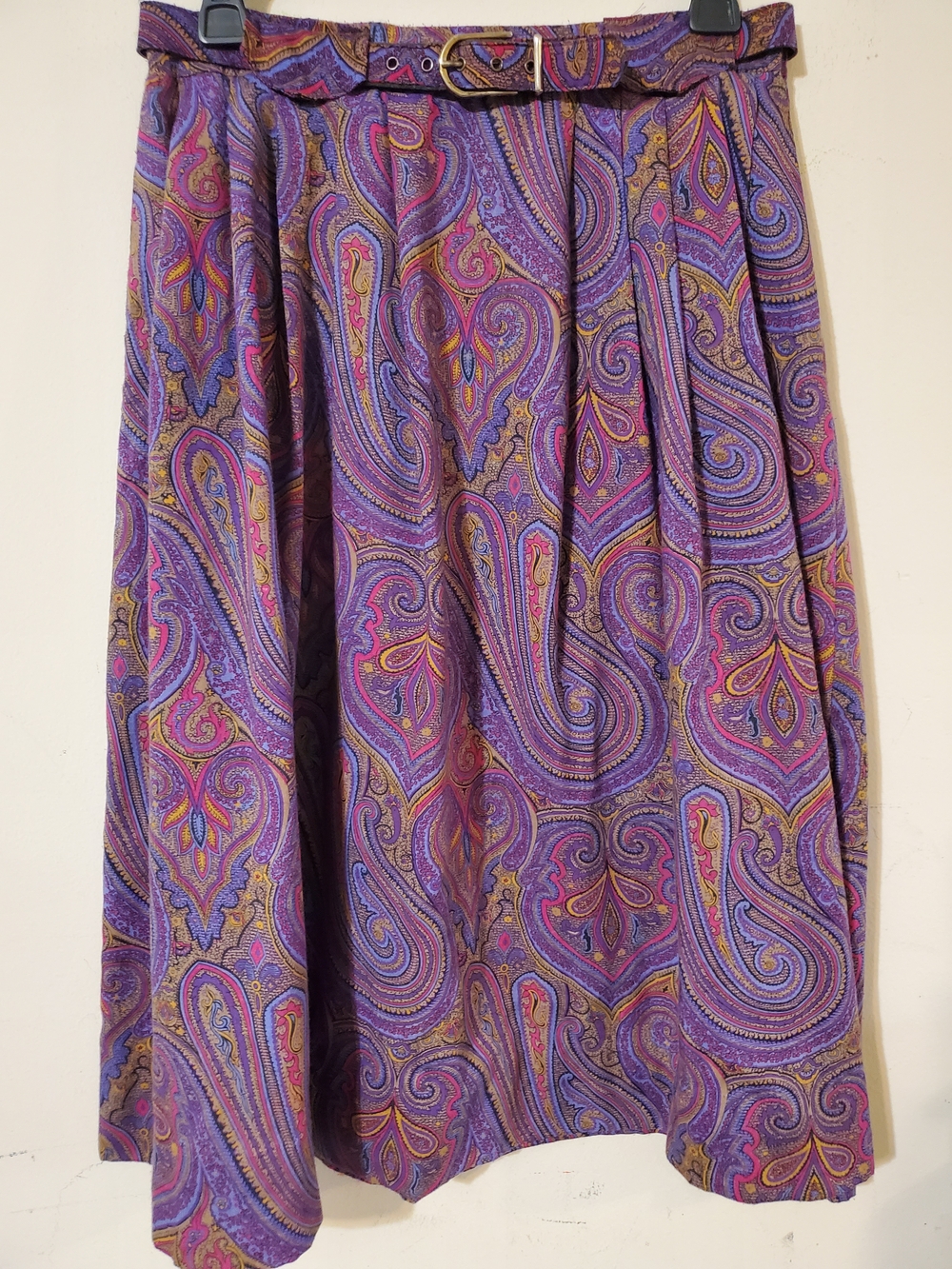 Vintage Purple Paisley A-Line Skirt w/ Pockets and Matching Belt